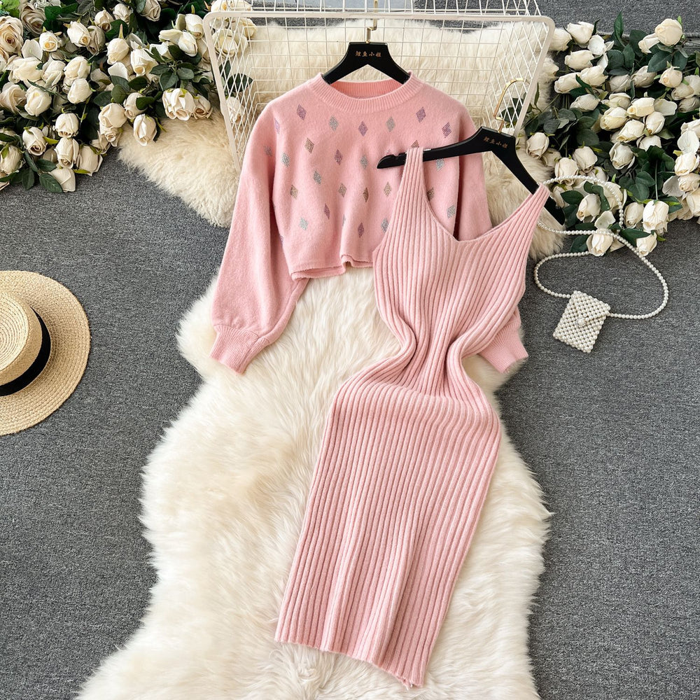 Women's winter sweater set: short sleeve cardigan & versatile cami dress two-piece outfit