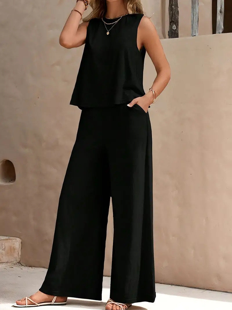 fashion cross-border best sellingpure colorelegancetwo-piece set round neck vest and loose pants suit women's clothing