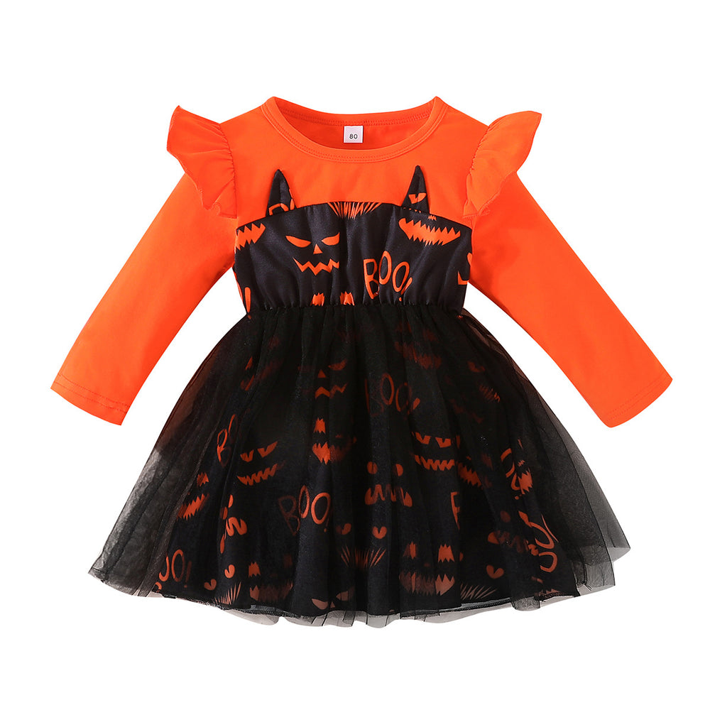 European and american girls' halloween long-sleeve eye print dress - fashionable minimalist patchwork mesh princess dress - in stock
