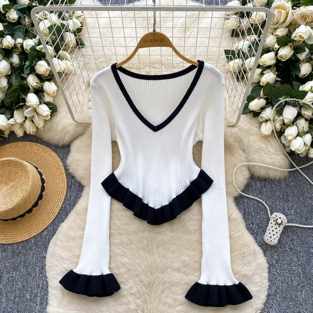 European and american style color block striped knit top - autumn ruffle hem flare sleeve slim fit outerwear base layer