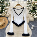 European and american style color block striped knit top - autumn ruffle hem flare sleeve slim fit outerwear base layer