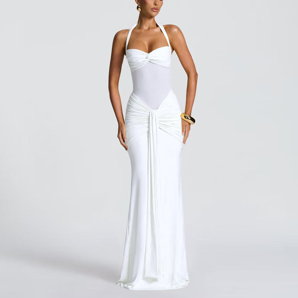 new women's elegant ruched ribbon maxi dress, foreign trade fashion halter neck sexy bodycon dress