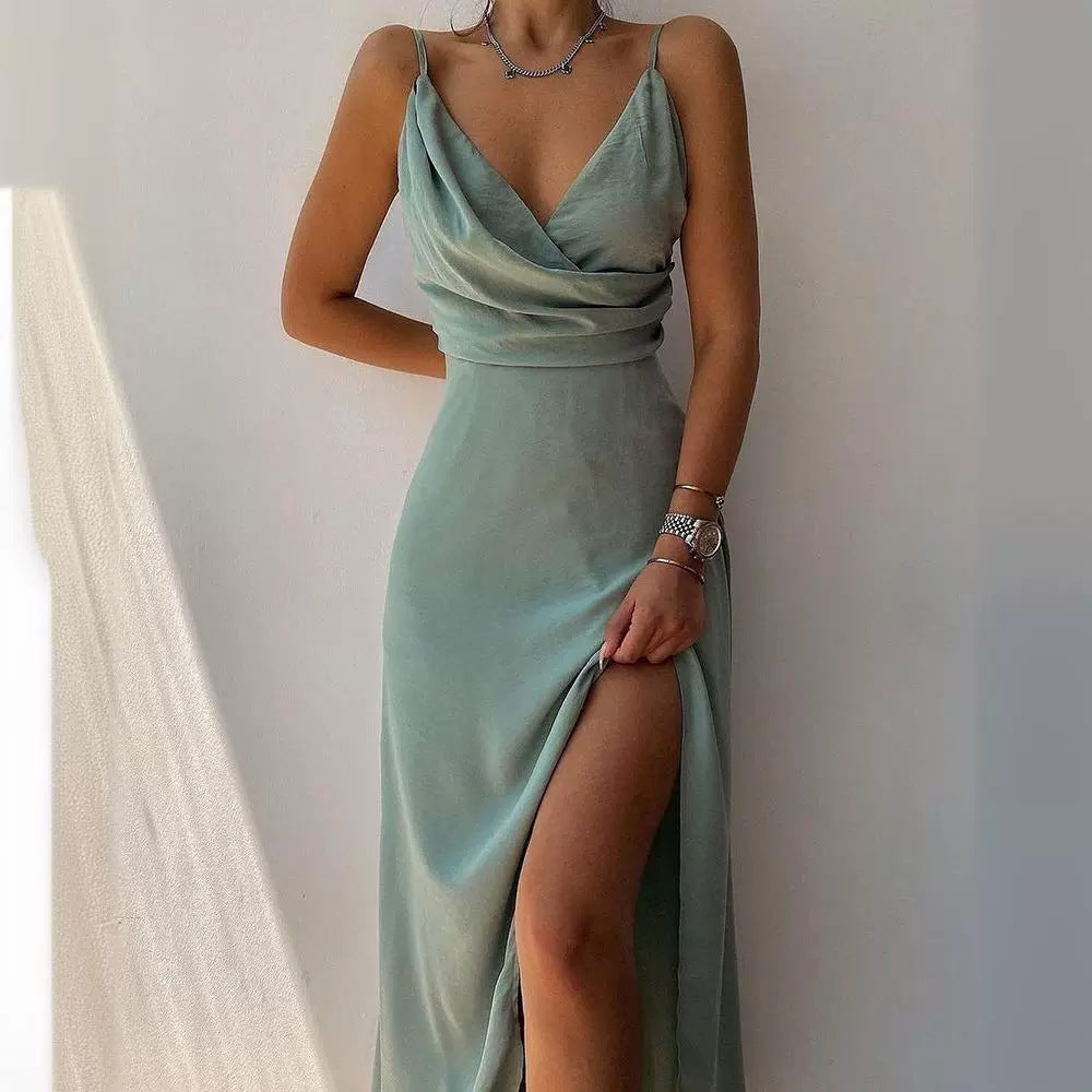 Amazon fashion  summer new sexy v-neck camisole slit fashionable slim-fit dress - women's foreign trade apparel