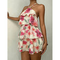 Women's summer new arrival: elegant and romantic floral print tiered sexy backless halter neck mini dress