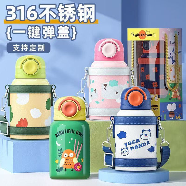 High value children's thermos cup 316 stainless steel food grade water cup anti-drop straw cup student portable kettle