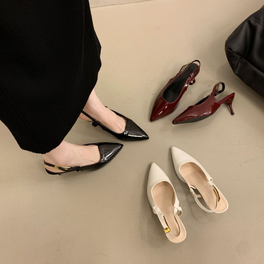 Gentle high heels women's stiletto heels 2025autumnew arrival pointed toe one-piece buckle toe sandals patent leather back empty flats