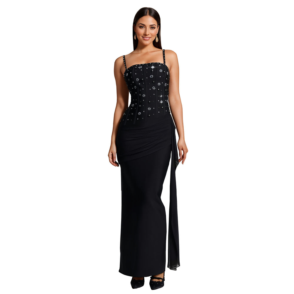 C7775 cross-border  new women's rhinestone-embellished camisole evening gown with ribbon detail, perfect for banquets, hostesses, and bodycon dresses