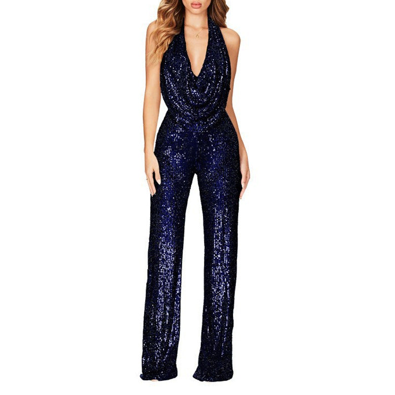 Ready-to-ship european and american new arrivals:   summer cross-border sleeveless halter sequin jumpsuit for women