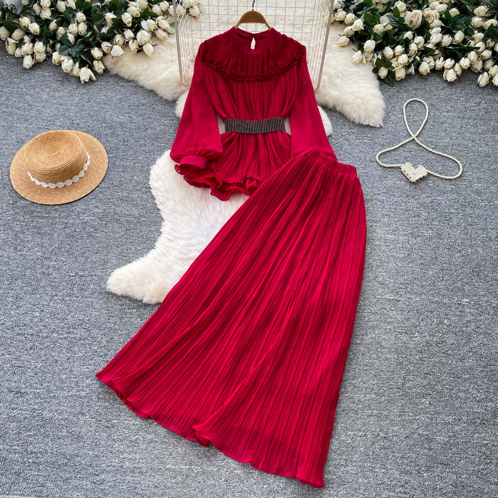 French work clothing style purple lantern sleeve waist pleated skirt for women autumelegantfashiontwo-piece set