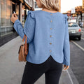 European and american casual women's top - solid color crew neck, flutter sleeves, button-back, curved hem, loose fit, slimming blouse