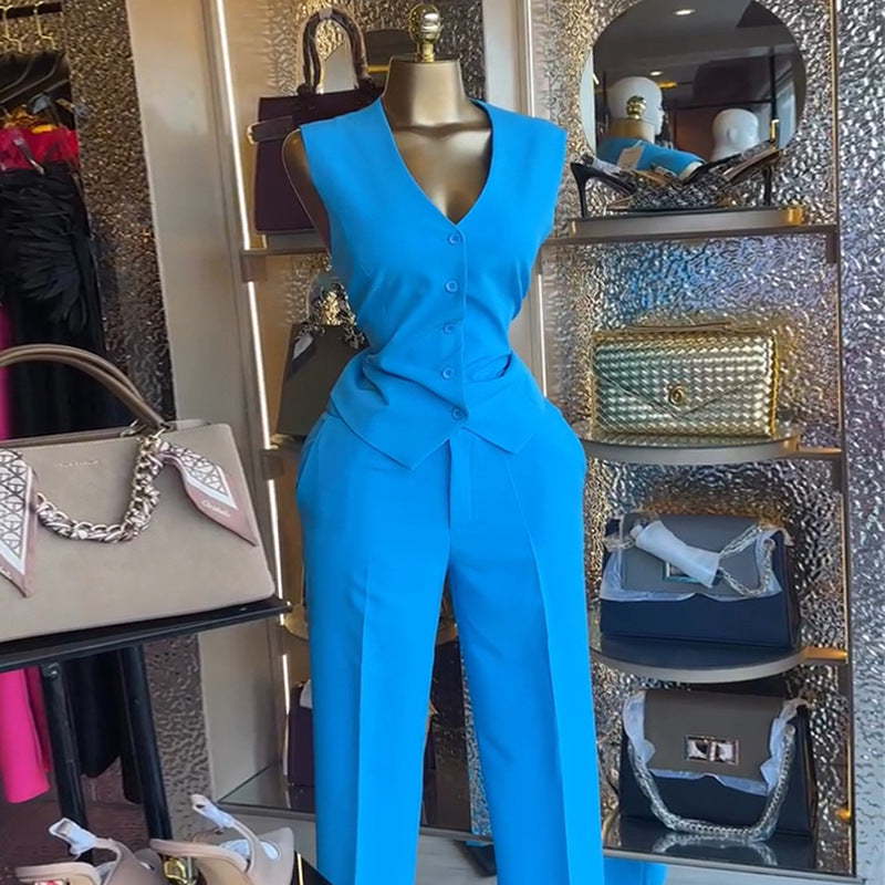European and american cross-border women's fashion  autumn/winter new collection: stylish v-neck button-down vest top and wide-leg pants casual set