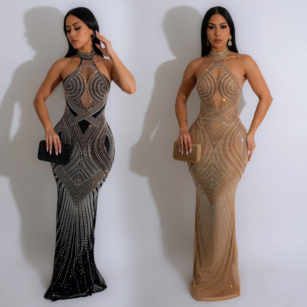 C6811 cross-border   fashion women's solid color mesh rhinestone halter maxi dress