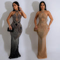 C6811 cross-border   fashion women's solid color mesh rhinestone halter maxi dress