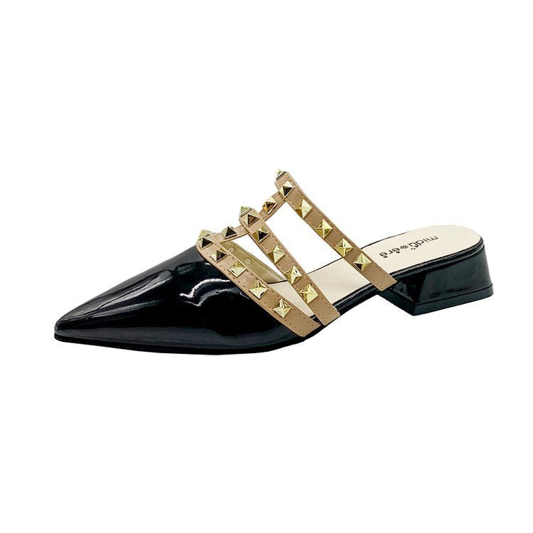 Studded sandals with a french flair – women's summer flat sandals, korean-style patent leather pointed-toe mules with rivet detailing