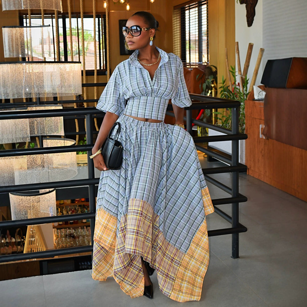 European and american cross-border women's fashion:  summer new collection - stylish turn-down collar plaid cropped shirt and asymmetrical midi skirt set