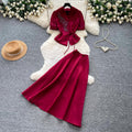 Luxury chic wine red puff sleeve top and high-waisted maxi skirt two-piece set - women's summer commute outfit, slim fit and figure-flattering