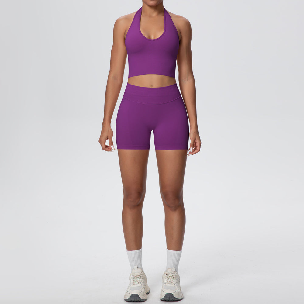 fashion seamless breathable halter back yoga suit running sports fitness yoga suit two-piece set for women