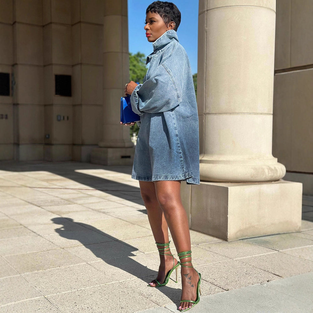 European and american style loose-fit dress -  new arrival - cross-border women's fashion - trendy turn-down collar gradient long-sleeve denim dress