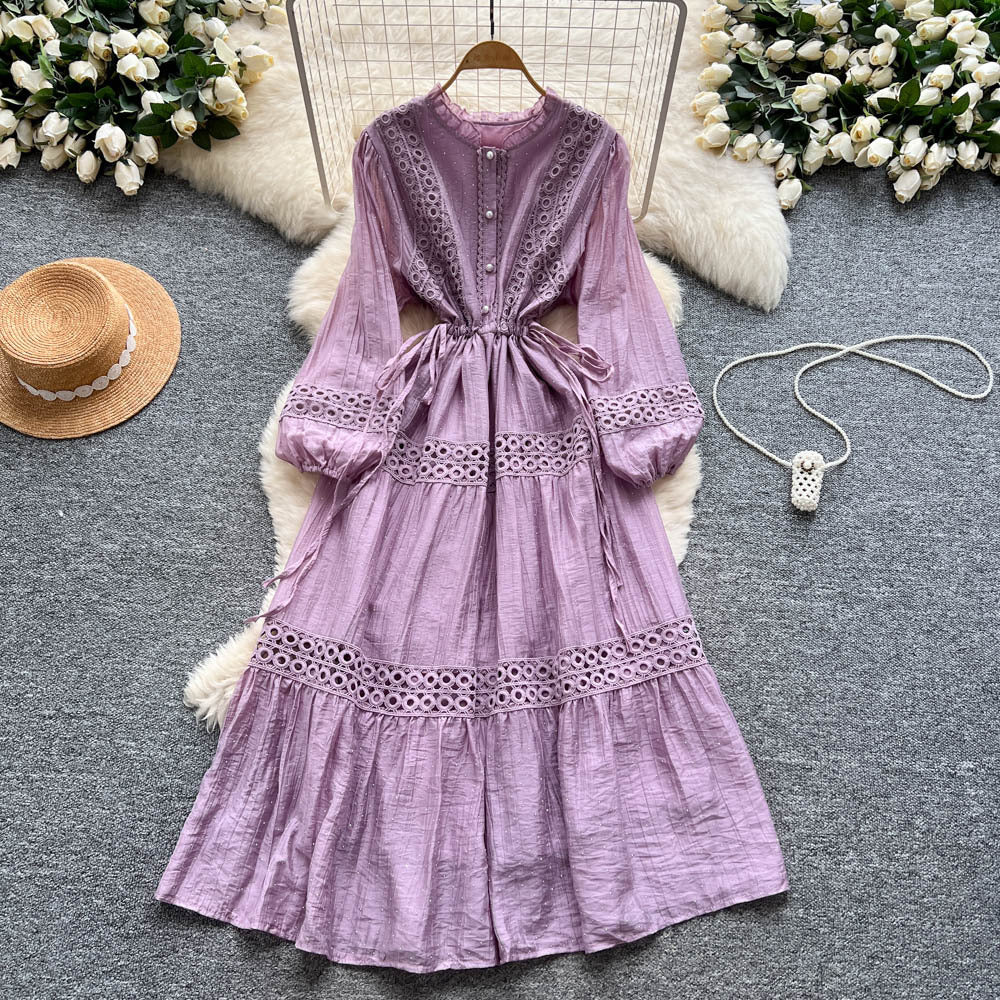 French court style puff sleeve dress - women's autumn hollow-out crochet drawstring waist elegant chic maxi dress