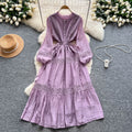 French court style puff sleeve dress - women's autumn hollow-out crochet drawstring waist elegant chic maxi dress