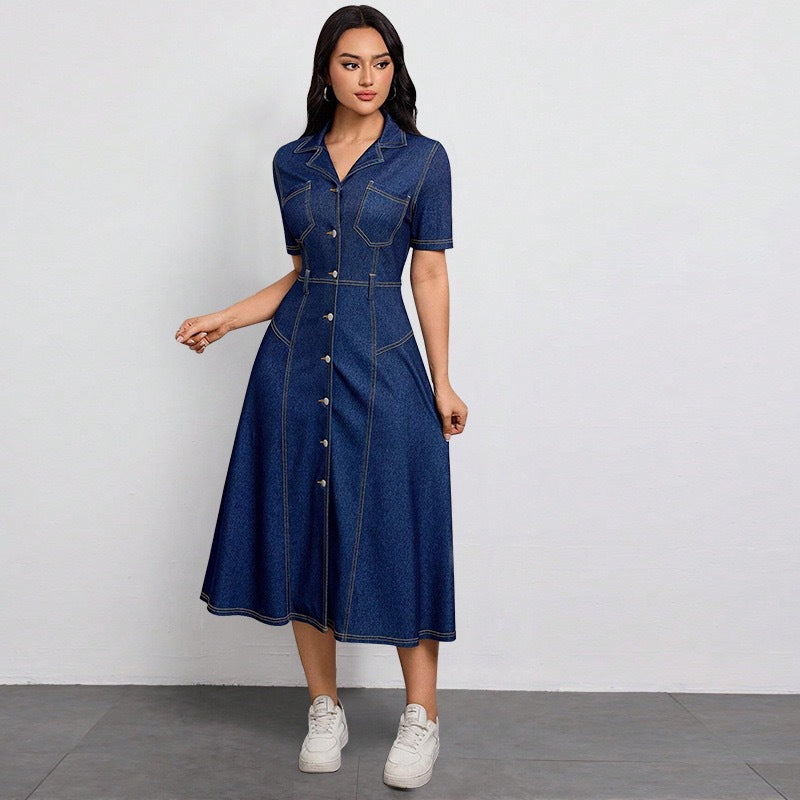 New arrivalfashion cross-border  independent station export short-sleeved lapel casual style shirt collar denim dress
