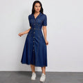 New arrivalfashion cross-border  independent station export short-sleeved lapel casual style shirt collar denim dress