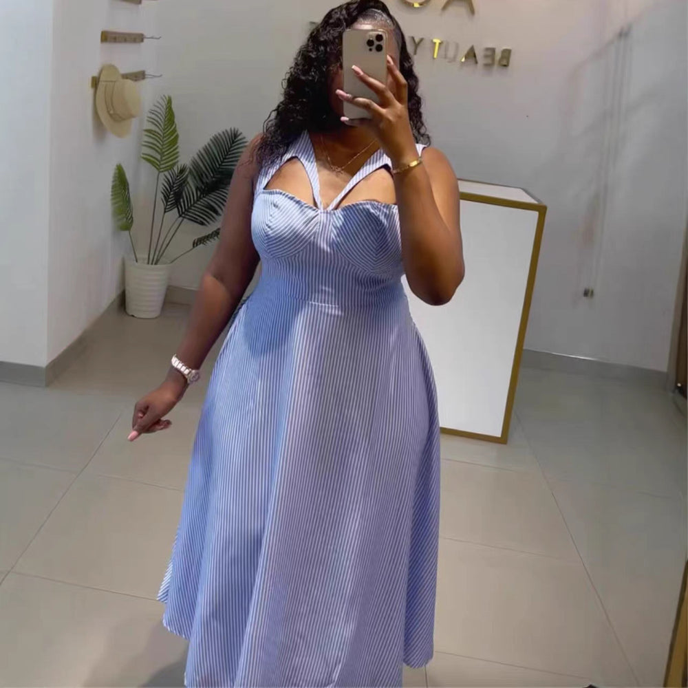 European and american cross-border women's fashion:  summer new arrival - sexy and elegant cutout blue striped high-waisted sleeveless dress