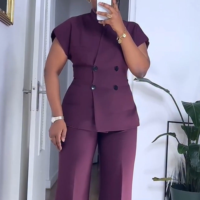 European and american women's clothing  autumn new collection: sweet and fresh stand collar double-breasted blazer and high-waisted straight-leg pants two-piece set