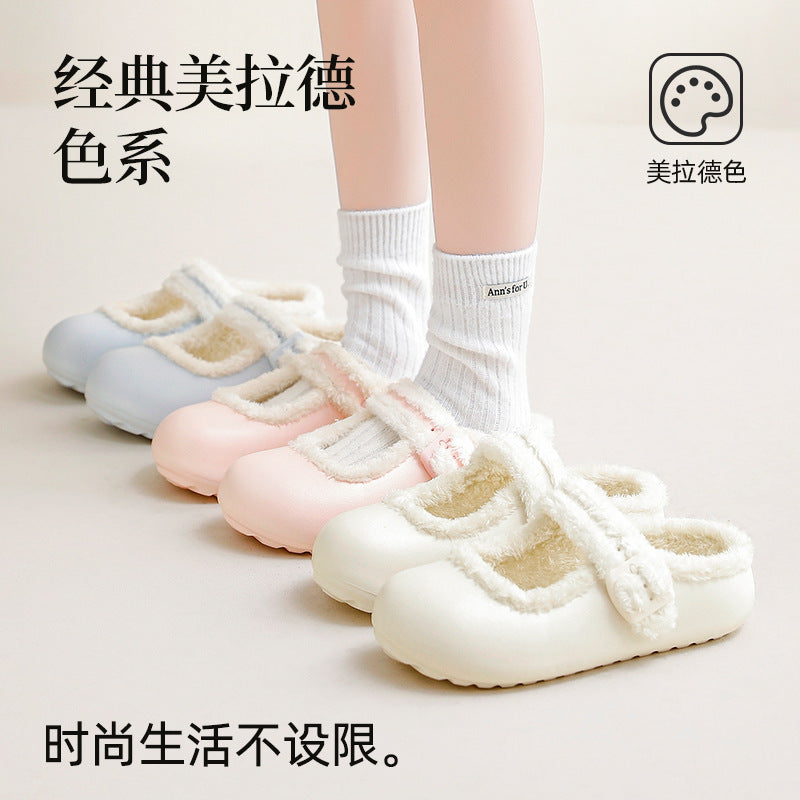 Fleece-lined beanie shoes for women winter 2026 new arrivalthick sole mary jane fur shoes outwear flats slip-on cotton shoes for women