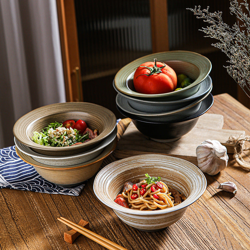 Vintage japanese-style handmade rustic pottery ribbed straw hat bowl ceramic dinnerware pasta plate creative salad plate home soup bowl