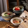 Vintage japanese-style handmade rustic pottery ribbed straw hat bowl ceramic dinnerware pasta plate creative salad plate home soup bowl