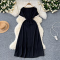 Frenchretro hepburn style little black dress for women, slightly fat, slimming look, retrocontrast colorv neck, short-sleeved, high waist, mid-length skirt