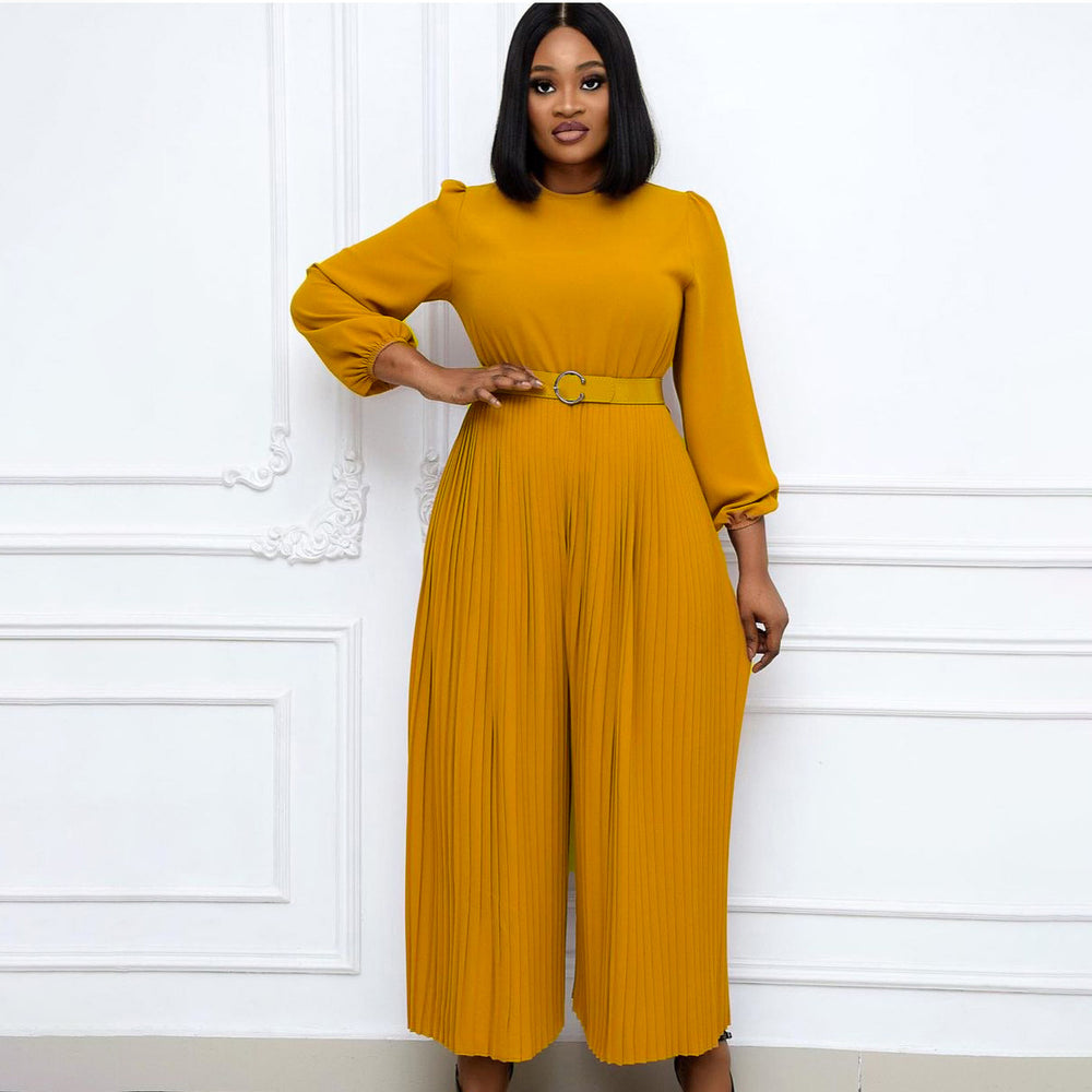 D163  summer new solid color long sleeve pleated european and american plus size women's loose slimming african jumpsuit