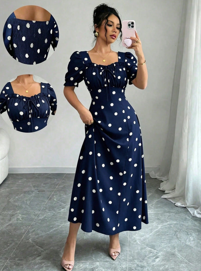 new european and american style floral midi dress with square neck, puff short sleeves, ruched bust, and a-line silhouette