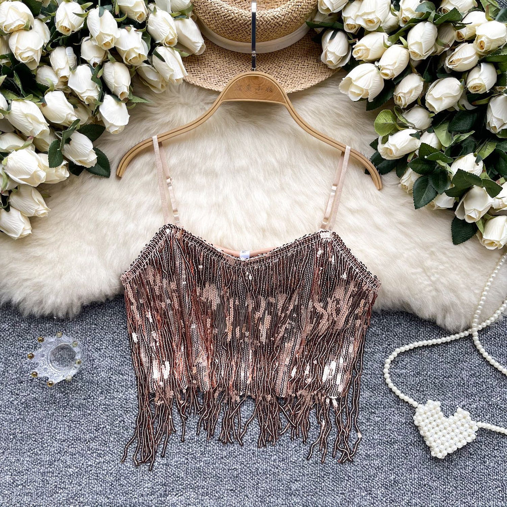 Fringed camisole top - women's sexy dance performance outfit - sweet & spicy halter top with sequins - sparkling cropped chic top