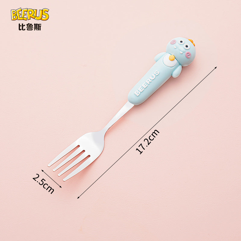 High-quality, adorable cartoon children's cutlery set featuring a cute bear design. includes a fork, spoon, and is perfect for school lunches. made of durable silicone, these portable forks and spoons are available for wholesale