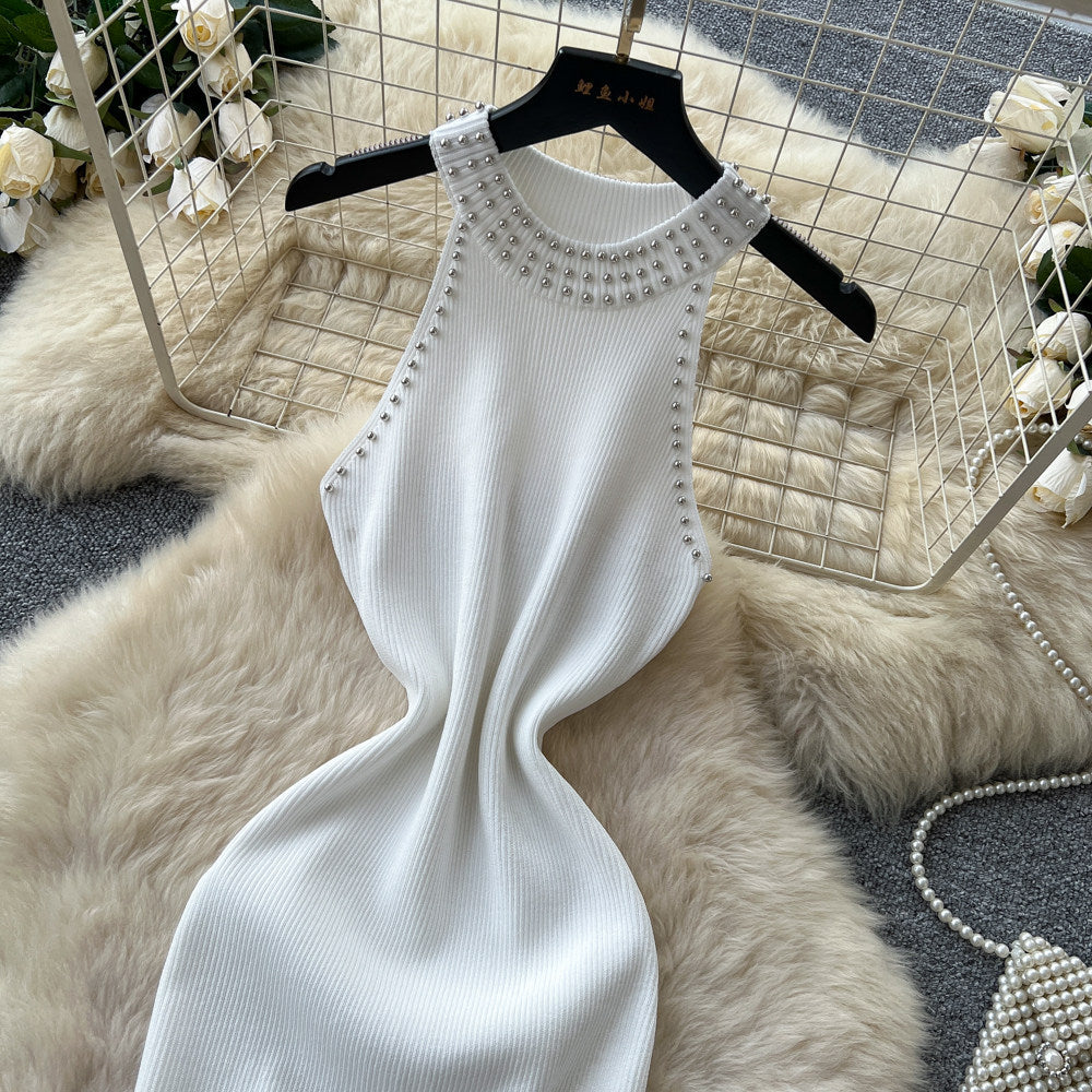 Korean style sleeveless beaded round neck dress - women's summer high waist slim fit bodycon a-line skirt - commute outfit