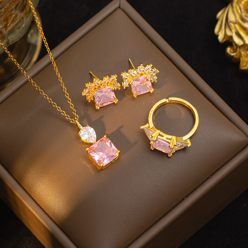 Necklace for women, popular pink zircon, geometric niche style fashion design, titanium steel pendant, elegantsuit collarbone chain