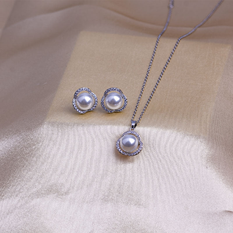 Pendant women's jewelry pearl gemstone diamond necklace earring set niche minimalist high-end design titanium steel jewelry