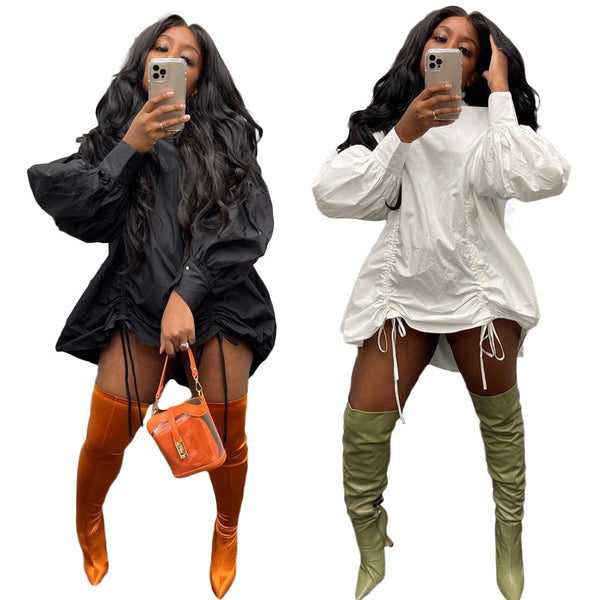 Y5213  European and American women's clothing fashion drawstring loose solid color long-sleeved mini sexy dress 2 colors