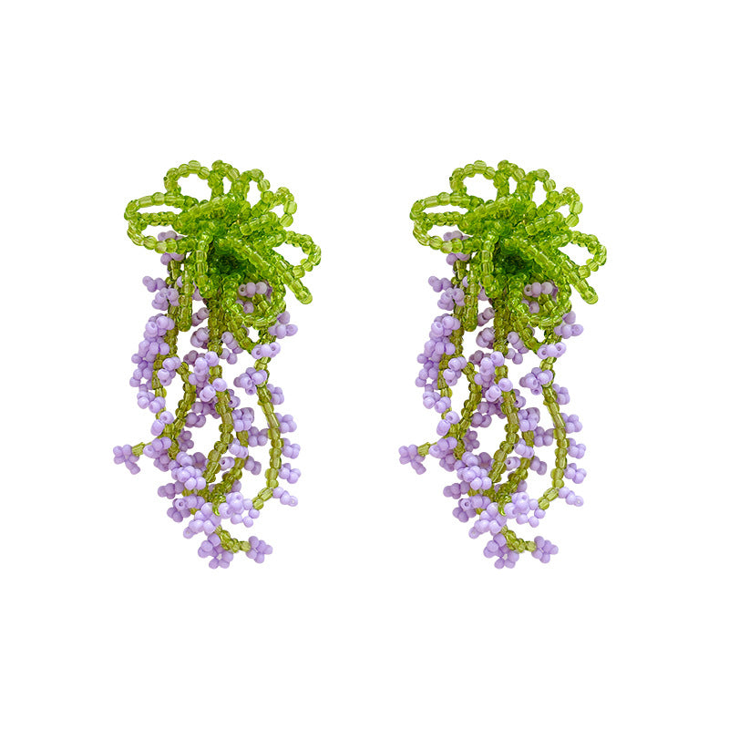 Summer outing green beaded flower tassel earrings for women classy style vacation style earrings exaggerated beautiful earrings