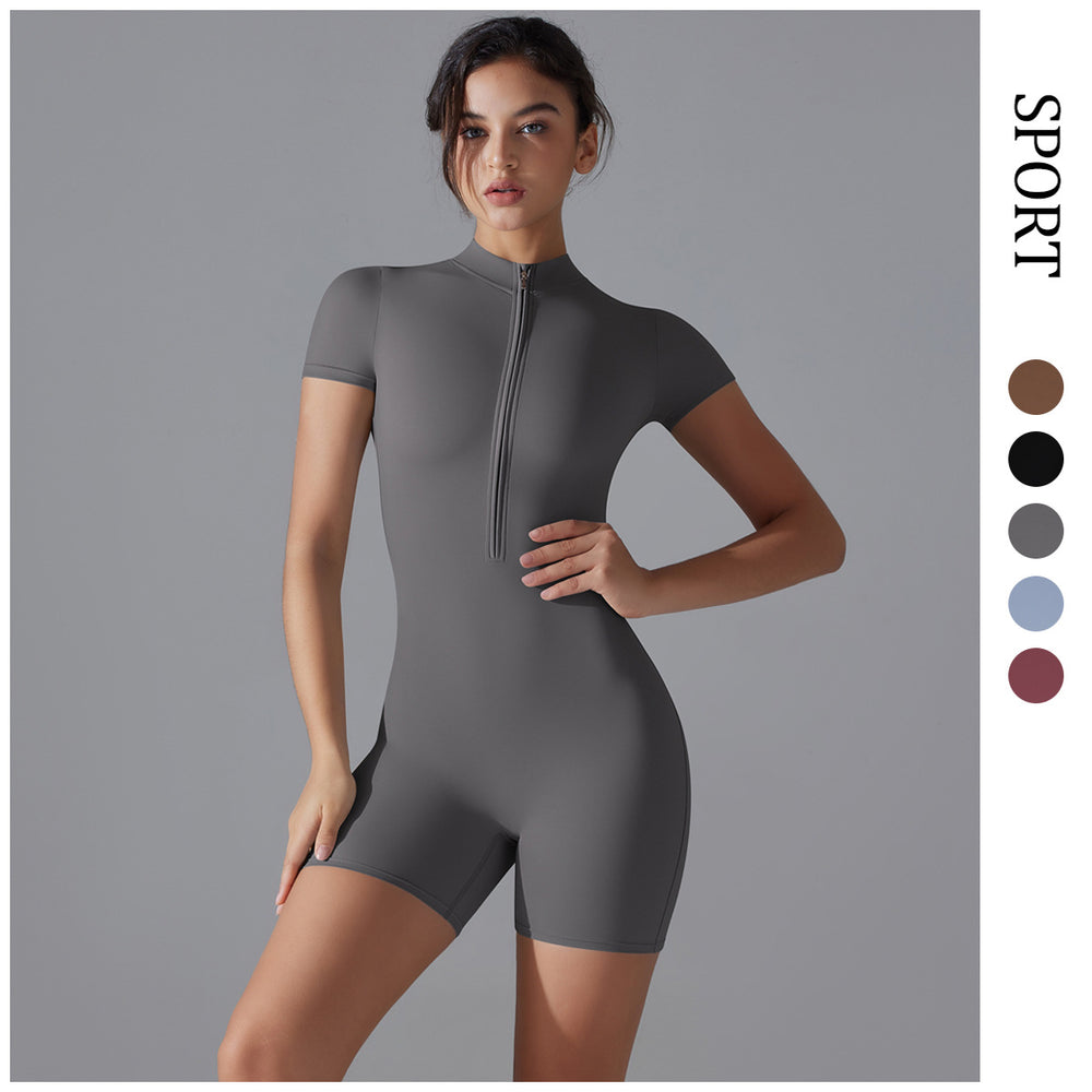 Fashion nude all-in-one style yoga clothes stand collar half open zipper short sleeve fitness jumpsuit tight sports jumpsuit