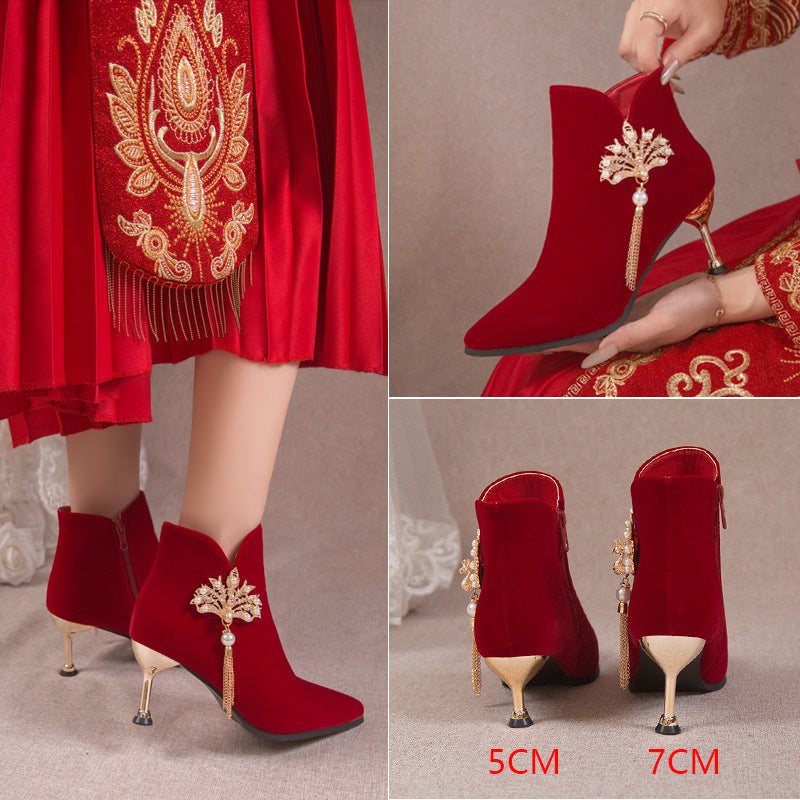 2024 autumn new fashion wine red chinese style wedding shoes high heels comfortable wedding boots bridal martin boots