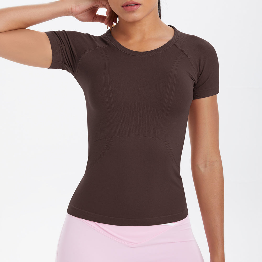fashion seamless knittingpure color breathable tight short sleeve t-shirt sports running fitness yoga clothes tops women