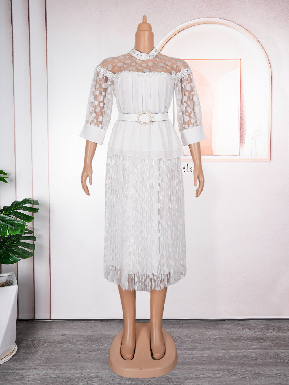 Aliexpress cross-border fashion: new european and american style plus size women's dress - african mesh lace trim, pearl embellished chiffon dress