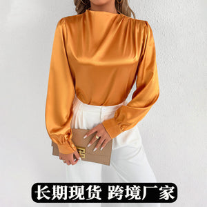 Real shot of women's clothing fashion cross-border summer  satin shirt women's export shirt light satin tops
