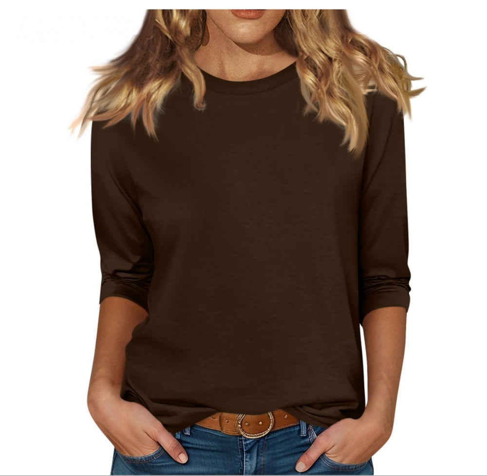 european and american cross-border  new women's round neck 7/8 sleeve solid color fleece-lined base layer top