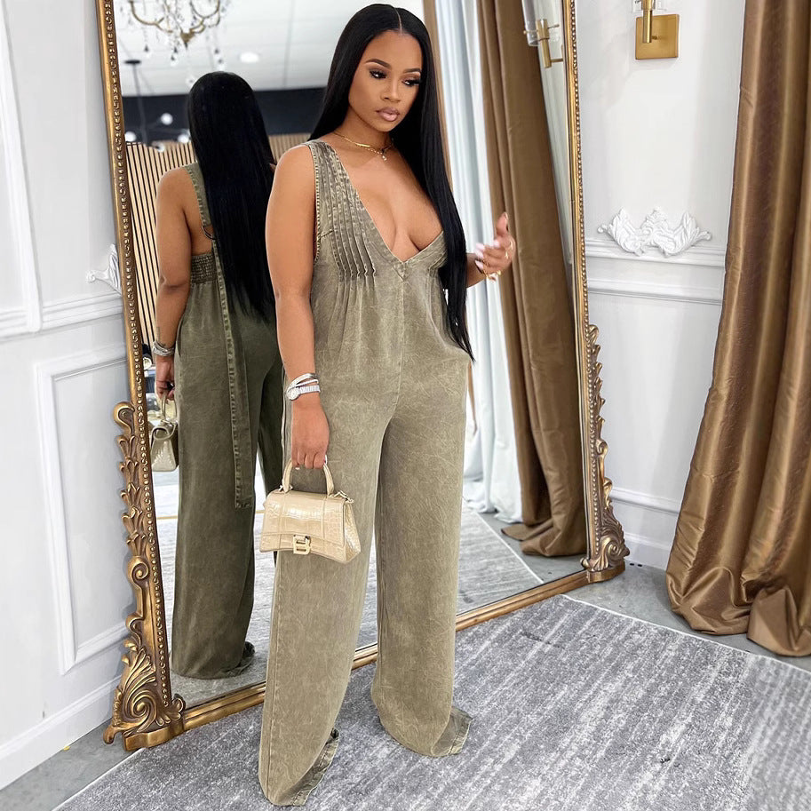 European and american style women's denim jumpsuit - new solid color backless sleeveless loose romper for  cross-border e-commerce