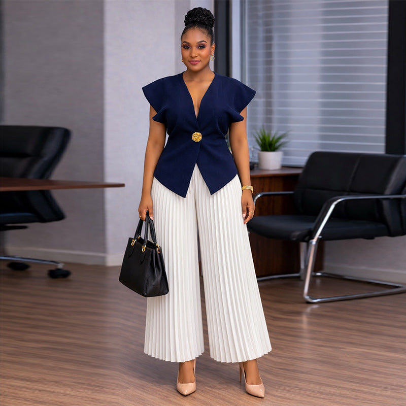 European and american cross-border women's clothing  summer new collection: african-style plus size elegant v-neck short sleeve top and pleated long pants set