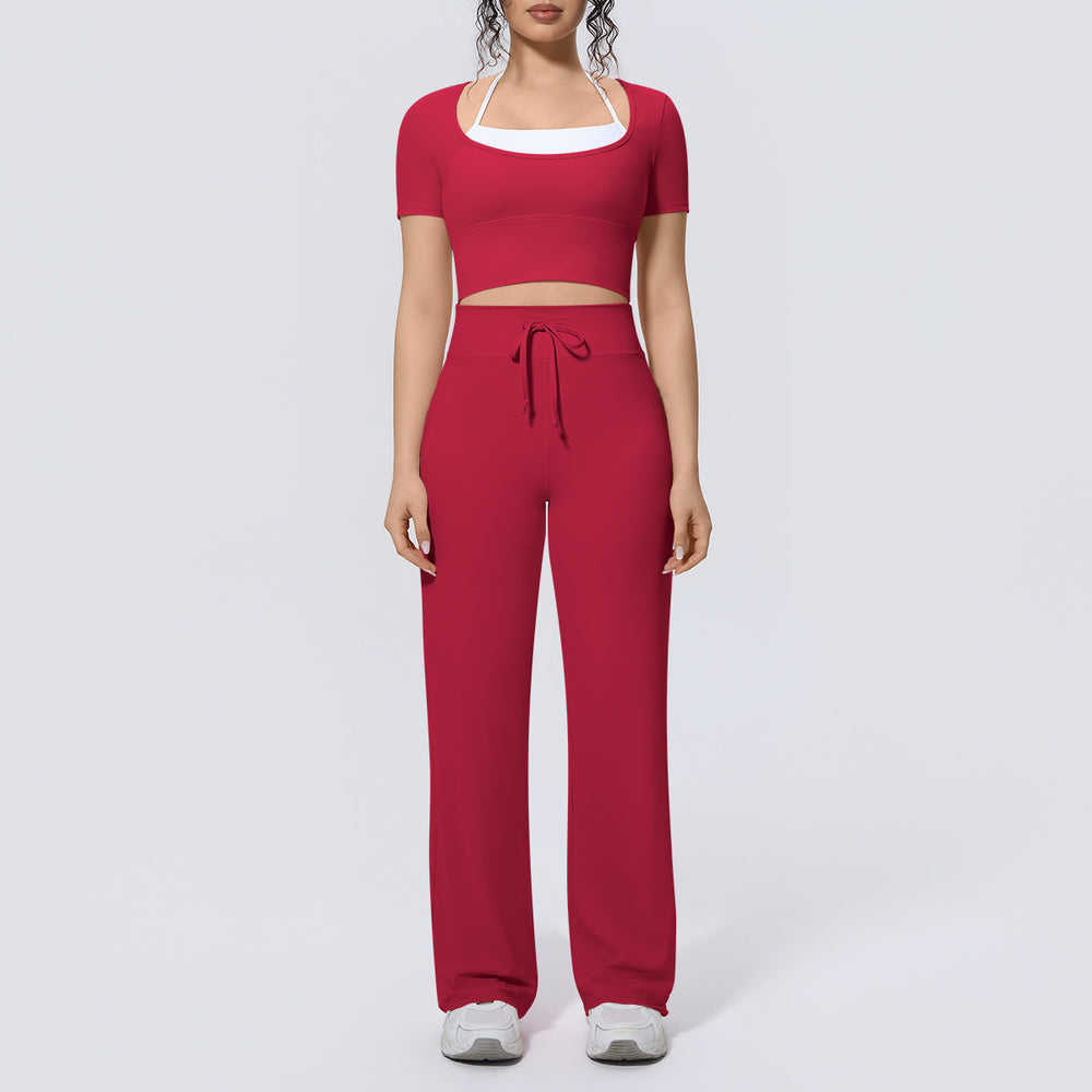 Fake two-piece sports short-sleeved yoga suit with chest pad, drawstring wide-leg straight-leg pants, quick-drying running fitness suit